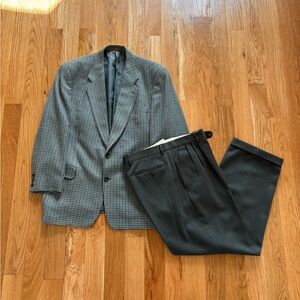 Prada Vintage 80s 90s Wool Houndstooth Sharkskin Blue Green 2pc Suit 44R 36x30